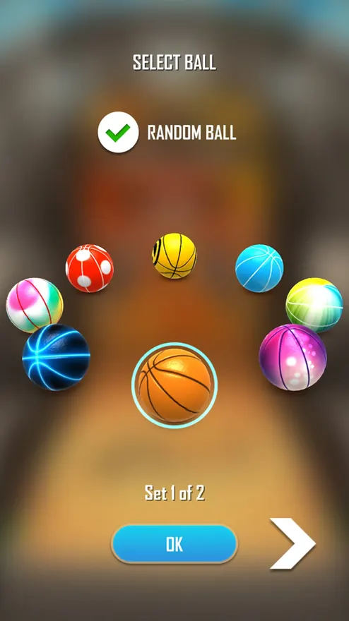Στιγμιότυπο από το Basketball Flick 3D: οθόνη επιλογής μπάλας με χρωματιστές μπάλες