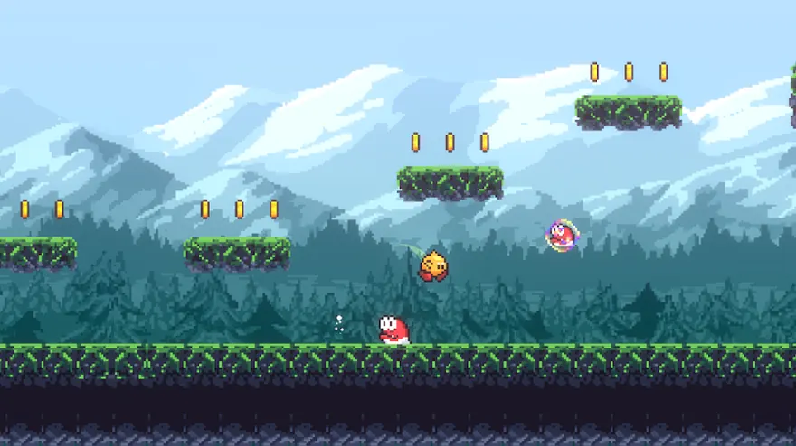 Στιγμιότυπο από το Blobby's Quest: πίστα πλατφόρμας με χιονισμένα βουνά στο βάθος