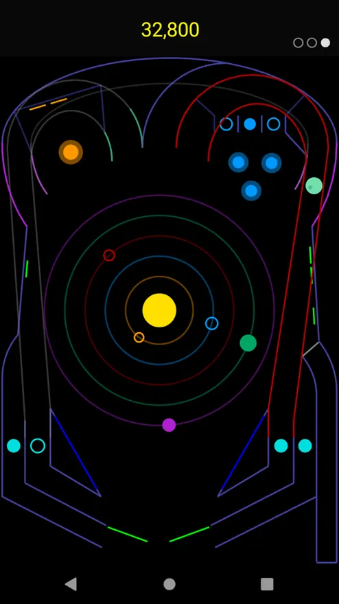 Στιγμιότυπο από το Vector Pinball: τραπέζι φλίπερ σχεδιασμένο με λεπτές χρωματιστές γραμμές σε μαύρο φόντο