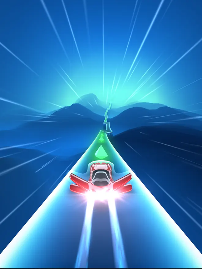 Στιγμιότυπο από το Super Dash: όχημα σε φωτεινή διαδρομή νέον